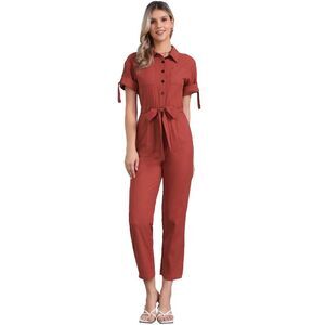 Short Sleeve Collared Cropped Tie Waist Cotton Cargo Jumpsuit Red